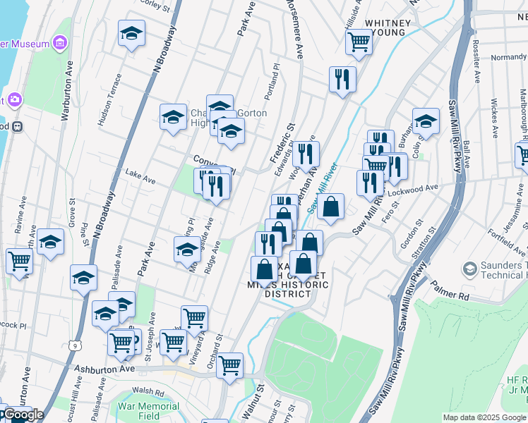 map of restaurants, bars, coffee shops, grocery stores, and more near 221 Edwards Place in Yonkers
