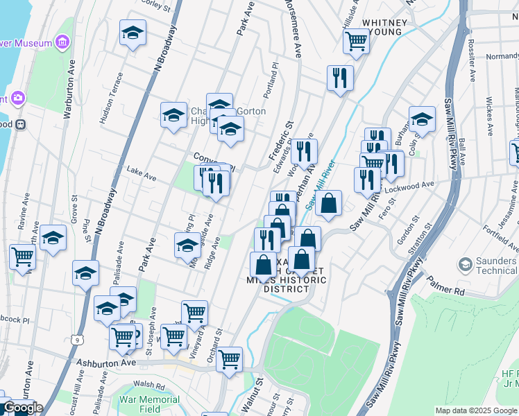 map of restaurants, bars, coffee shops, grocery stores, and more near 221 Edwards Place in Yonkers