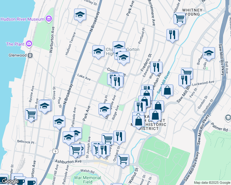 map of restaurants, bars, coffee shops, grocery stores, and more near 124 Lake Avenue in Yonkers