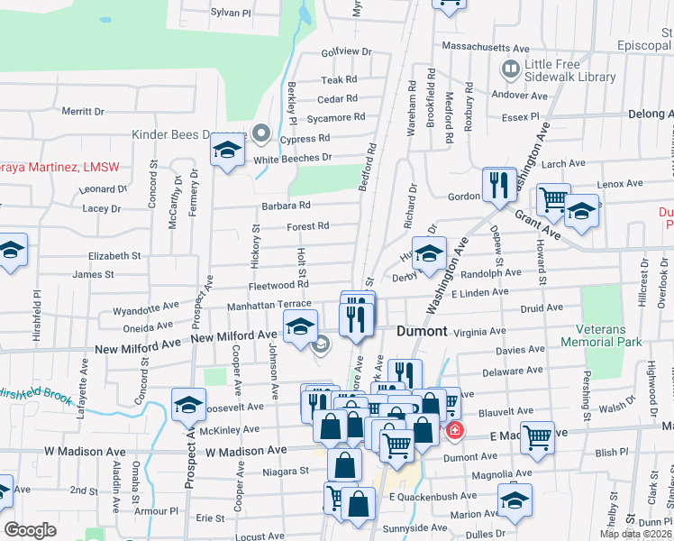 map of restaurants, bars, coffee shops, grocery stores, and more near 18 Sherwood Road in Dumont
