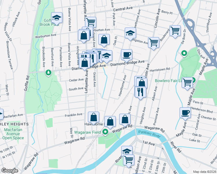 map of restaurants, bars, coffee shops, grocery stores, and more near 124 Washington Avenue in Hawthorne