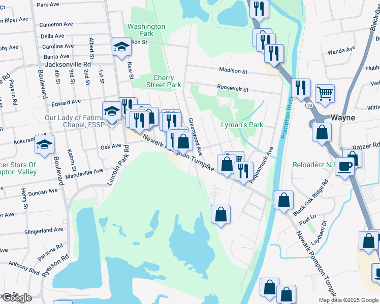map of restaurants, bars, coffee shops, grocery stores, and more near 20 Greenwood Avenue in Pequannock Township