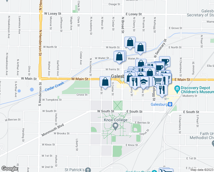 map of restaurants, bars, coffee shops, grocery stores, and more near 154 West Main Street in Galesburg