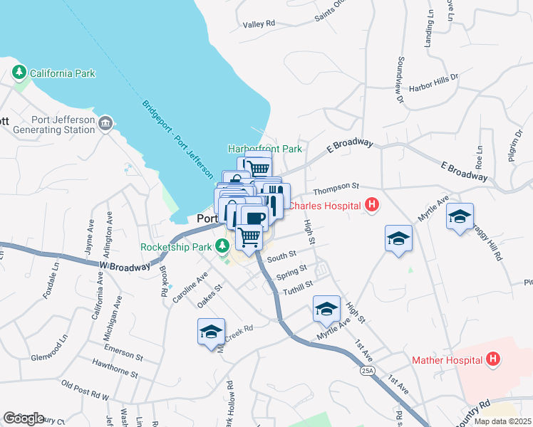 map of restaurants, bars, coffee shops, grocery stores, and more near 148 East Main Street in Port Jefferson