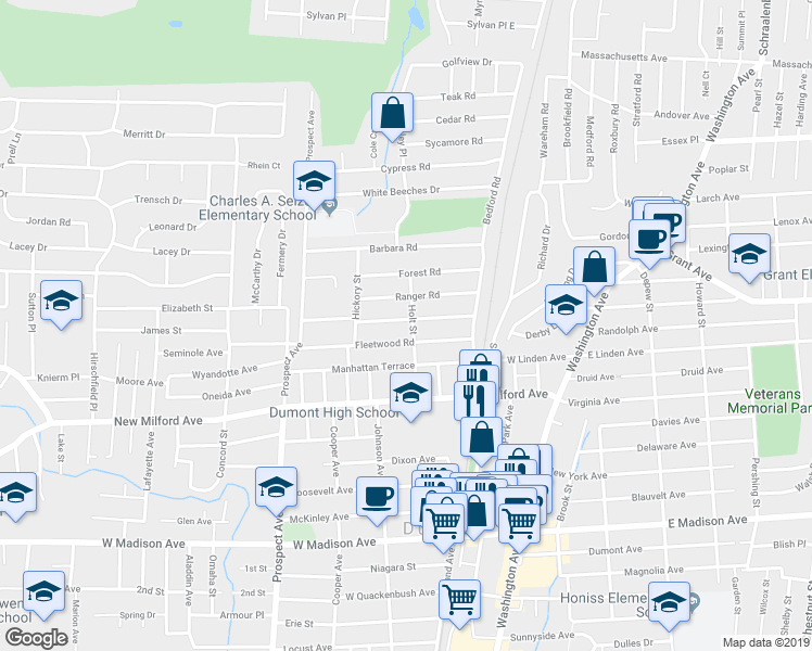 map of restaurants, bars, coffee shops, grocery stores, and more near 55 Sherwood Road in Dumont