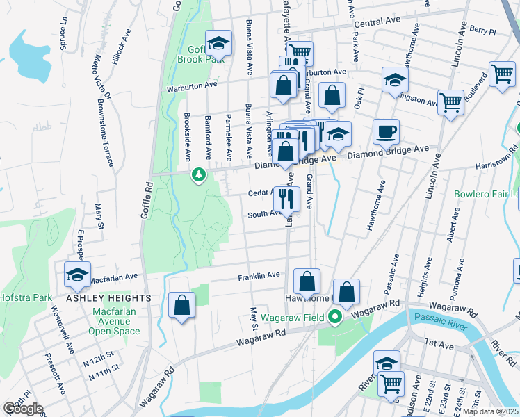 map of restaurants, bars, coffee shops, grocery stores, and more near 57 South Avenue in Hawthorne