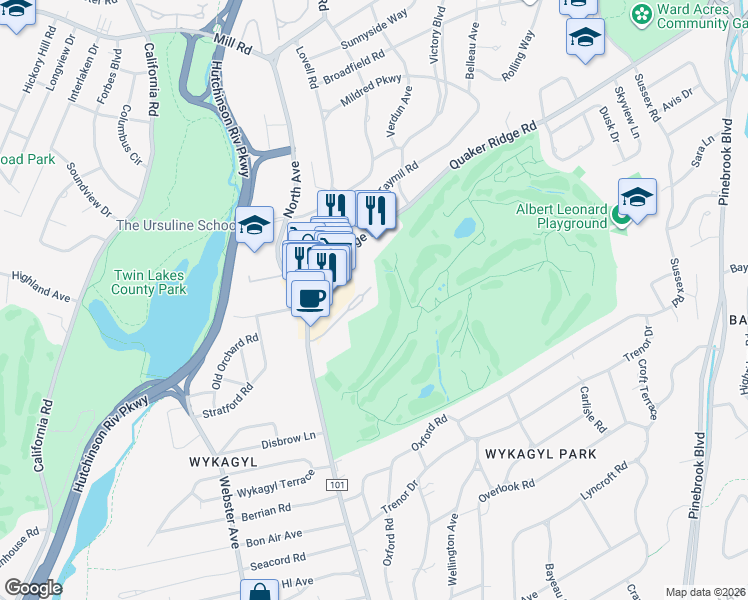 map of restaurants, bars, coffee shops, grocery stores, and more near 1273 North Avenue in New Rochelle