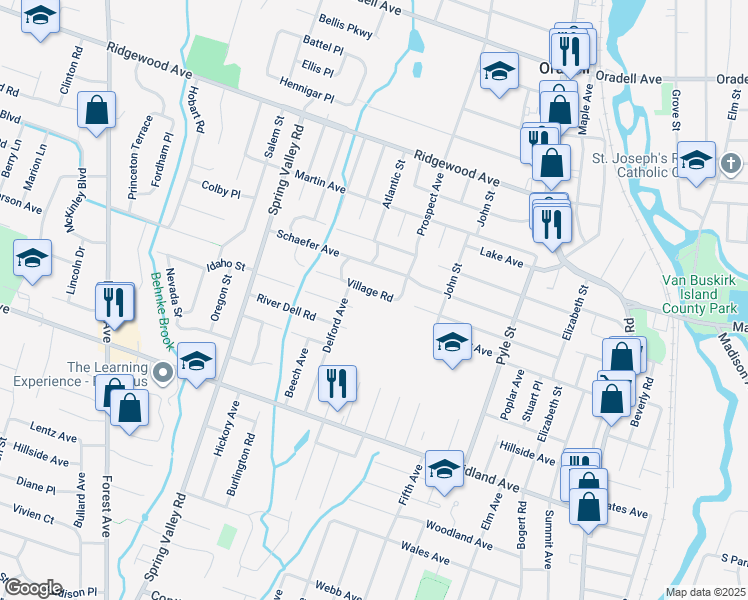 map of restaurants, bars, coffee shops, grocery stores, and more near 735 Village Road in Oradell