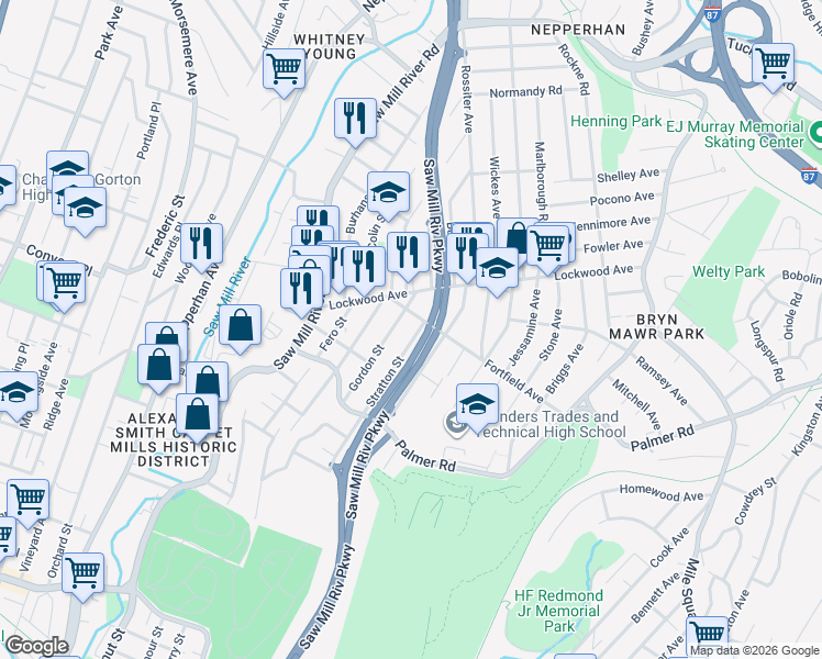 map of restaurants, bars, coffee shops, grocery stores, and more near 85 Stratton Street in Yonkers