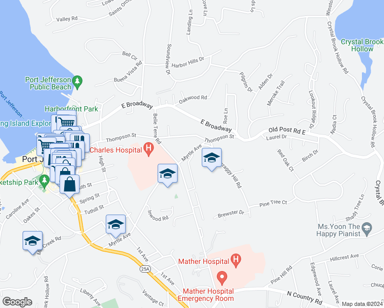 map of restaurants, bars, coffee shops, grocery stores, and more near 655 Belle Terre Road in Port Jefferson
