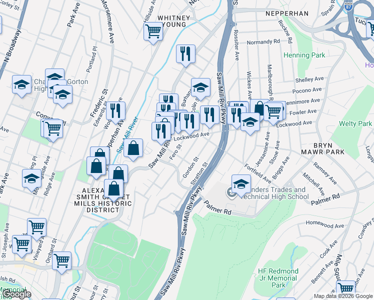 map of restaurants, bars, coffee shops, grocery stores, and more near 41 Clarendon Avenue in Yonkers