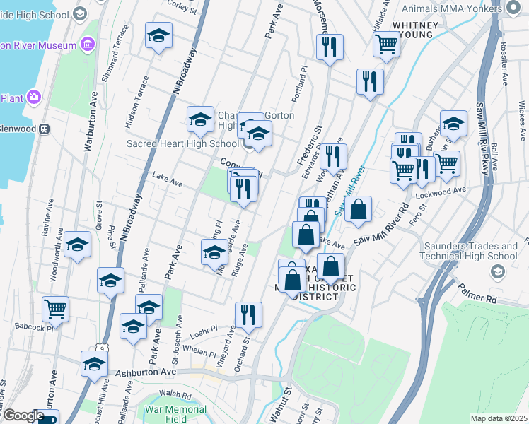map of restaurants, bars, coffee shops, grocery stores, and more near in Yonkers