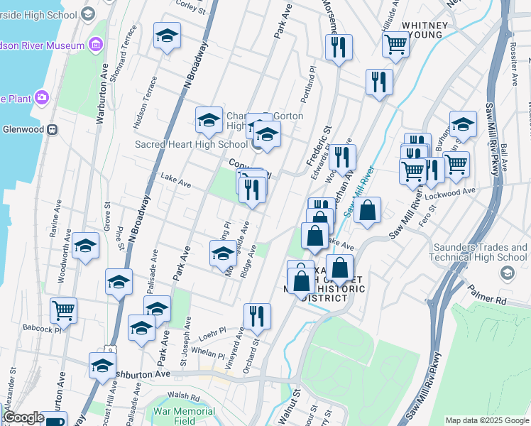 map of restaurants, bars, coffee shops, grocery stores, and more near in Yonkers