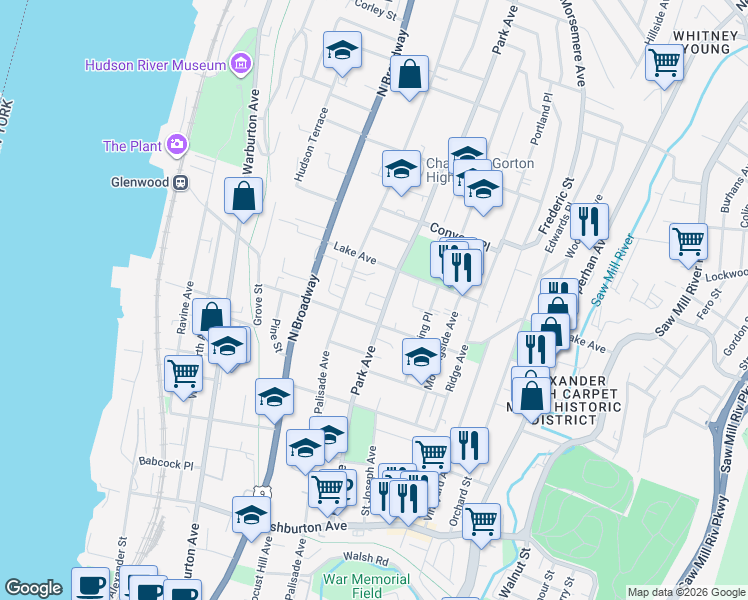 map of restaurants, bars, coffee shops, grocery stores, and more near 199 Park Avenue in Yonkers
