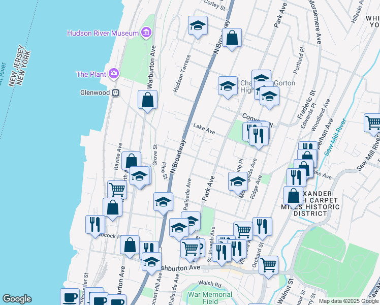 map of restaurants, bars, coffee shops, grocery stores, and more near in Yonkers
