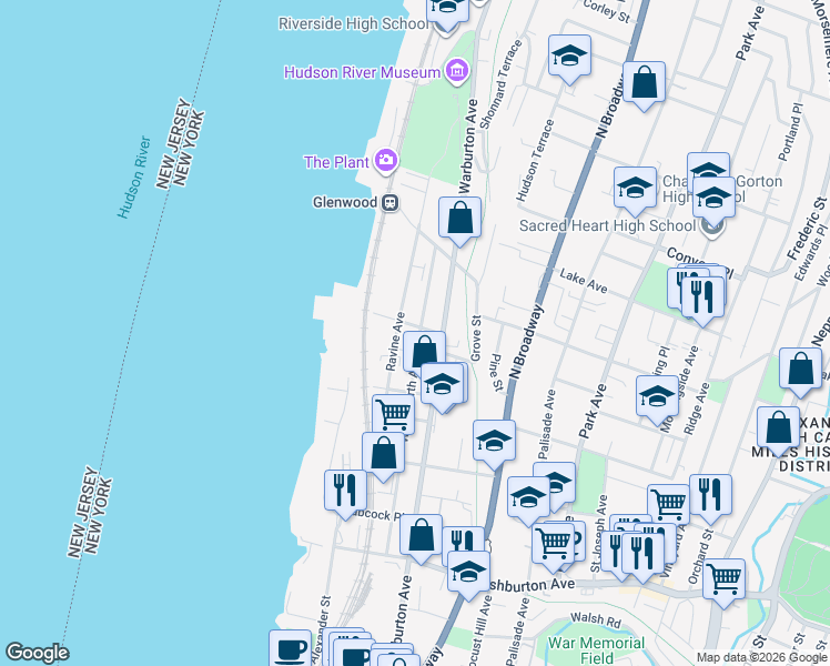 map of restaurants, bars, coffee shops, grocery stores, and more near 264 Woodworth Avenue in Yonkers