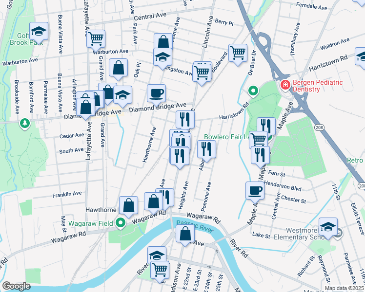 map of restaurants, bars, coffee shops, grocery stores, and more near 153 Lincoln Avenue in Fair Lawn