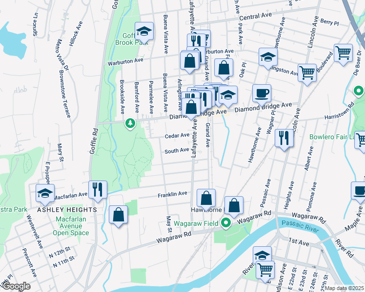 map of restaurants, bars, coffee shops, grocery stores, and more near 57 South Avenue in Hawthorne