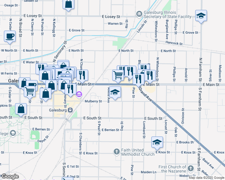 map of restaurants, bars, coffee shops, grocery stores, and more near 2-172 Allens Ave in Galesburg