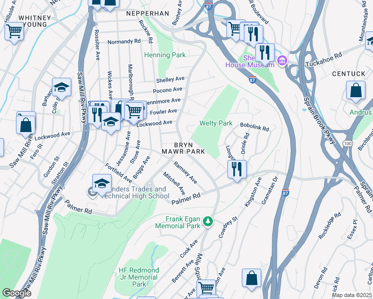 map of restaurants, bars, coffee shops, grocery stores, and more near 250 Mile Square Road in Yonkers