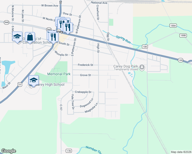 map of restaurants, bars, coffee shops, grocery stores, and more near 400 High Street in Carey