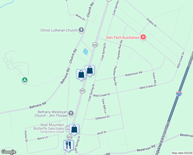 map of restaurants, bars, coffee shops, grocery stores, and more near 131 Cold Spring Drive in Jim Thorpe