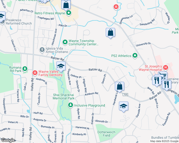 map of restaurants, bars, coffee shops, grocery stores, and more near 1432 County Road 705 in Wayne