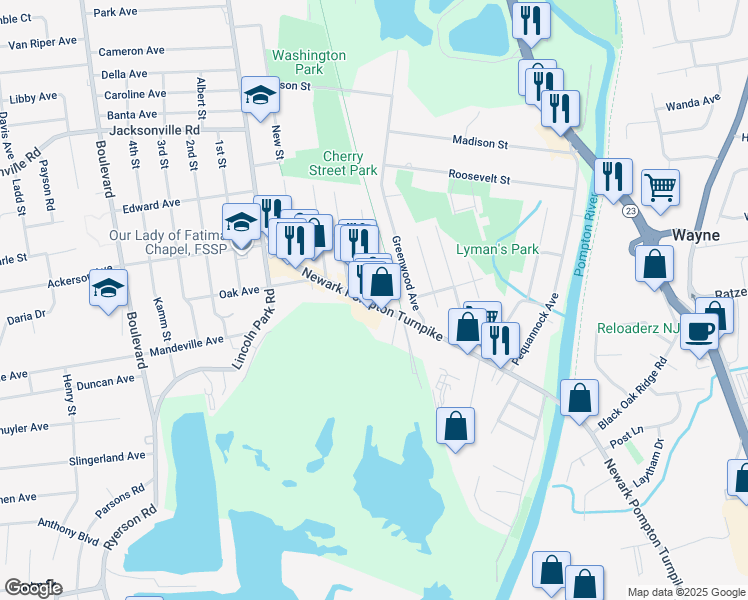 map of restaurants, bars, coffee shops, grocery stores, and more near 1 Demott Avenue in Pequannock Township