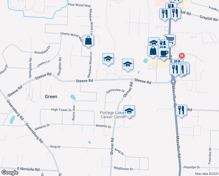 map of restaurants, bars, coffee shops, grocery stores, and more near 4286 Sunnyview Drive in Uniontown