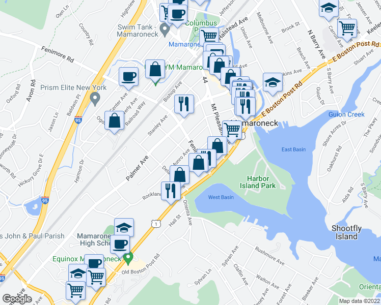 map of restaurants, bars, coffee shops, grocery stores, and more near 155 Heathcote Avenue in Mamaroneck