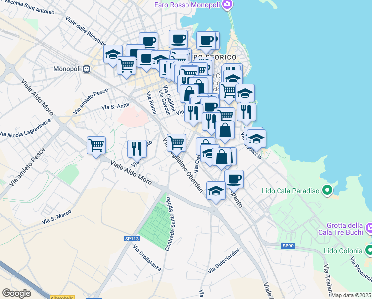 map of restaurants, bars, coffee shops, grocery stores, and more near 85 Via Cappuccini in Monopoli