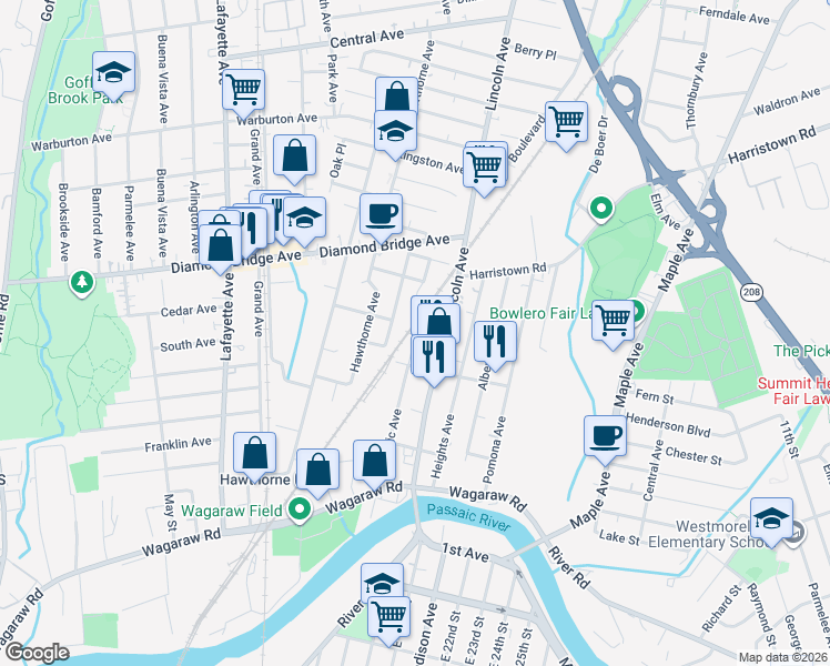 map of restaurants, bars, coffee shops, grocery stores, and more near 168 Passaic Avenue in Hawthorne