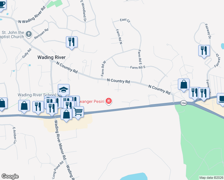 map of restaurants, bars, coffee shops, grocery stores, and more near 10 Laurel Hollow Court in Wading River