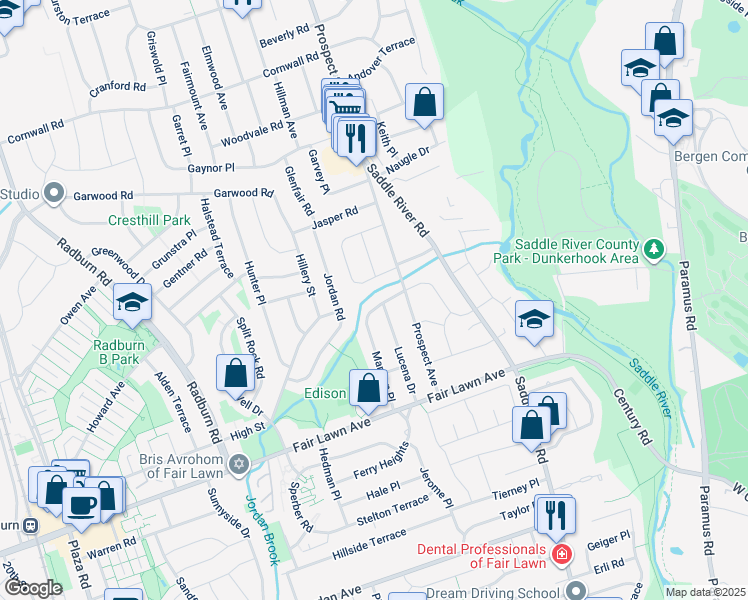 map of restaurants, bars, coffee shops, grocery stores, and more near 22 Kershner Place in Fair Lawn