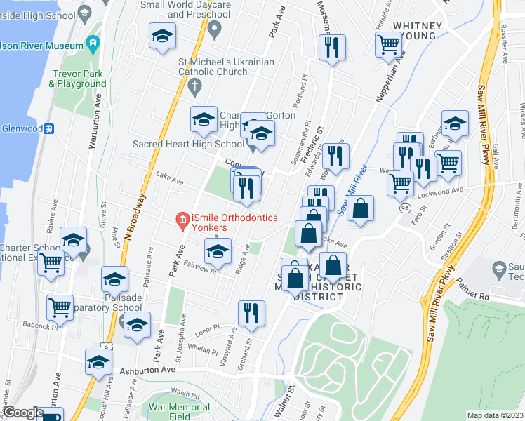 map of restaurants, bars, coffee shops, grocery stores, and more near 155 Lake Avenue in Yonkers
