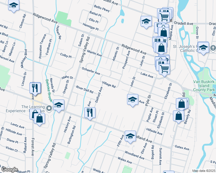 map of restaurants, bars, coffee shops, grocery stores, and more near 735 Village Road in Oradell