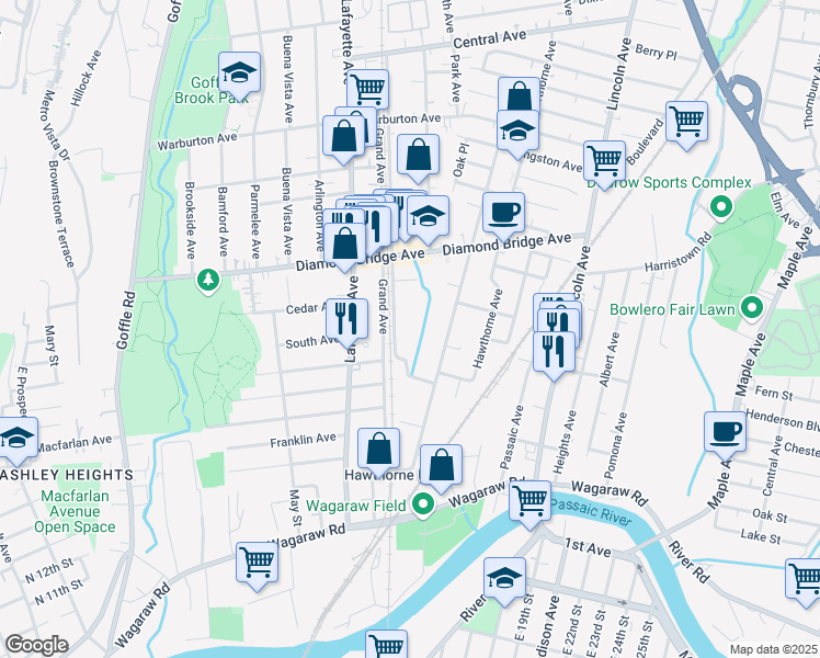 map of restaurants, bars, coffee shops, grocery stores, and more near 124 Washington Avenue in Hawthorne