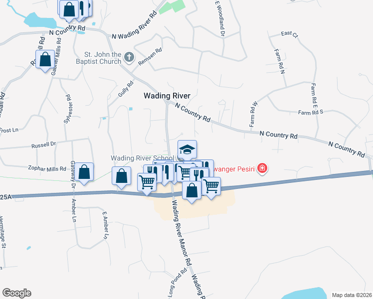 map of restaurants, bars, coffee shops, grocery stores, and more near 1909 Wading River Manor Road in Wading River