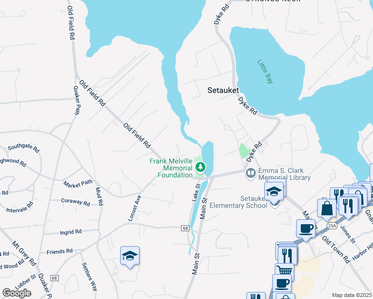 map of restaurants, bars, coffee shops, grocery stores, and more near 13 Old Field Road in Setauket- East Setauket