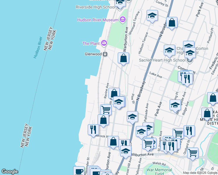 map of restaurants, bars, coffee shops, grocery stores, and more near 48 Point Street in Yonkers