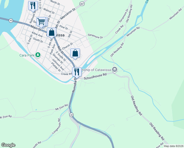 map of restaurants, bars, coffee shops, grocery stores, and more near 29 Schoolhouse Rd in Catawissa