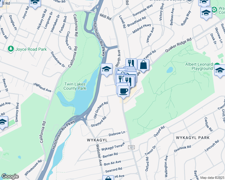 map of restaurants, bars, coffee shops, grocery stores, and more near 1324 North Avenue in New Rochelle