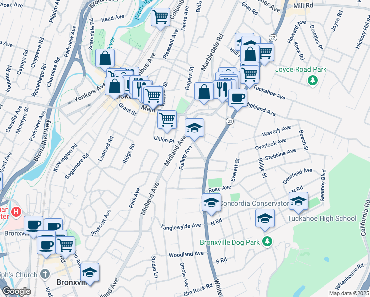 map of restaurants, bars, coffee shops, grocery stores, and more near 43 Fulling Avenue in Tuckahoe