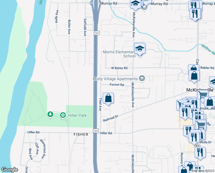 map of restaurants, bars, coffee shops, grocery stores, and more near 1030 Forson Road in McKinleyville