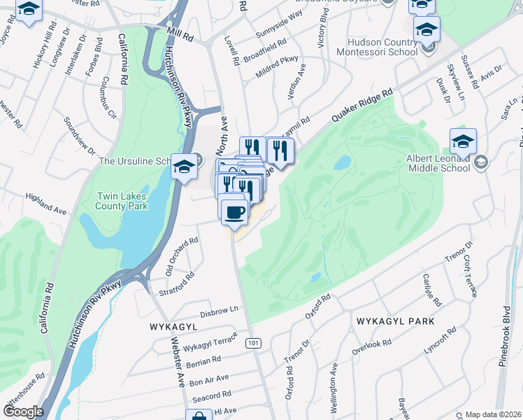 map of restaurants, bars, coffee shops, grocery stores, and more near 23 Quaker Ridge Road in New Rochelle