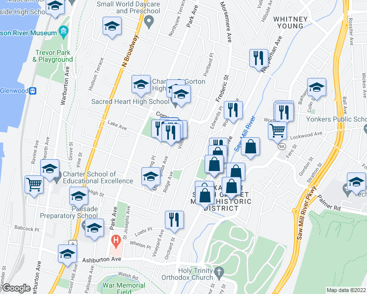map of restaurants, bars, coffee shops, grocery stores, and more near 134 Voss Avenue in Yonkers