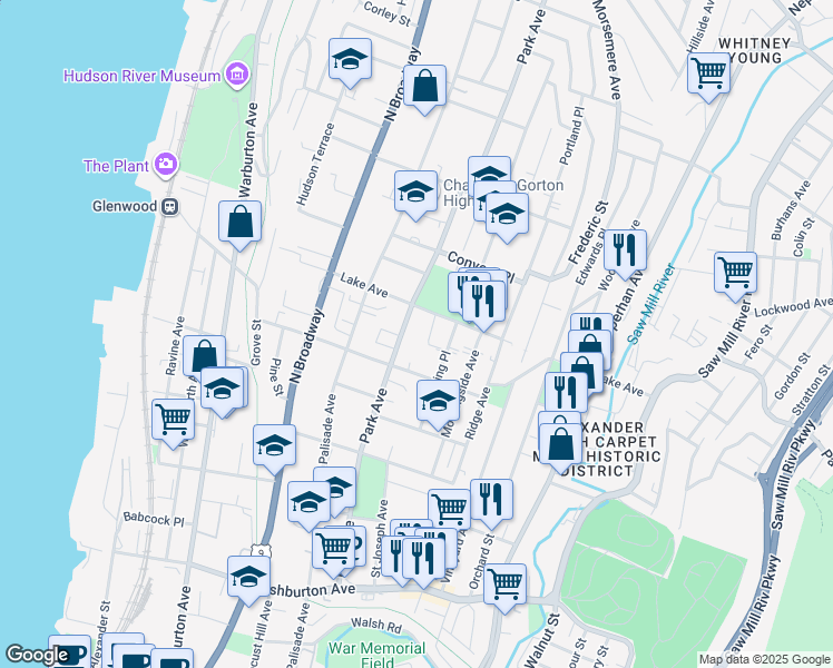 map of restaurants, bars, coffee shops, grocery stores, and more near 199 Park Avenue in Yonkers