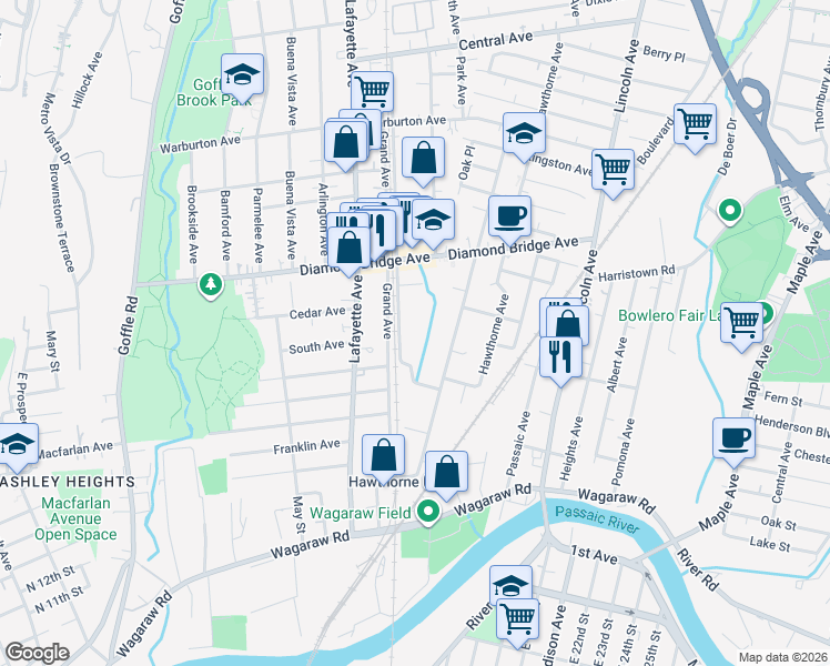 map of restaurants, bars, coffee shops, grocery stores, and more near 124 Washington Avenue in Hawthorne