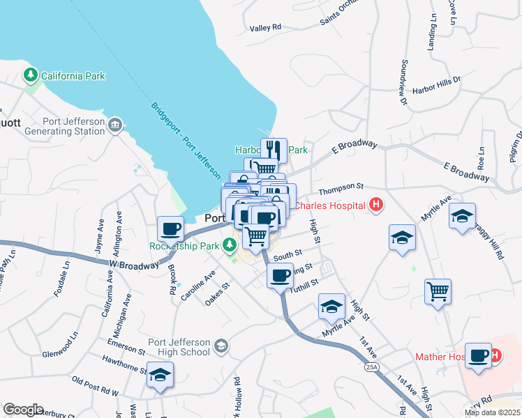 map of restaurants, bars, coffee shops, grocery stores, and more near 100 Mariners Way in Port Jefferson