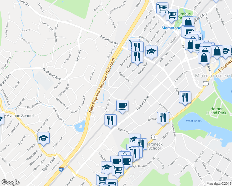 map of restaurants, bars, coffee shops, grocery stores, and more near 714 Waverly Avenue in Mamaroneck